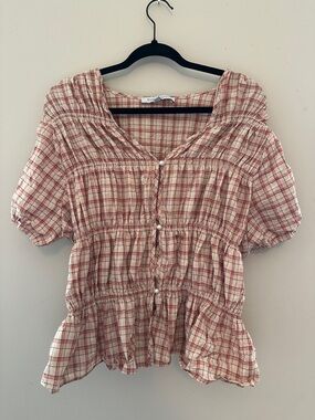 Sweet Rain Cream and Pink Plaid Smocked Button-Front Blouse